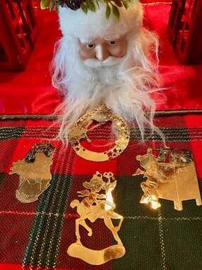 Vintage Christmas Brass Tree Ornaments 1979 Gloria Duchin Gold Tone Set of 4